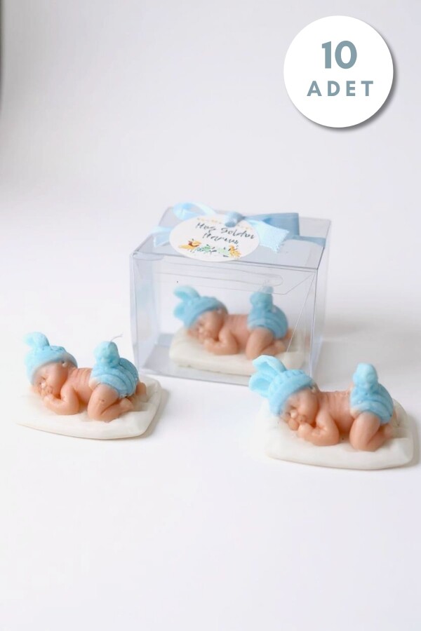 10 ADET ASETAT KUTUDA UYUYAN BEBEK HEDİYELİK MUM MAVİ - 1