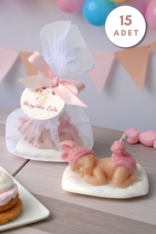 15 ADET TÜL DETAY UYUYAN BEBEK HEDİYELİK MUM PEMBE - 1