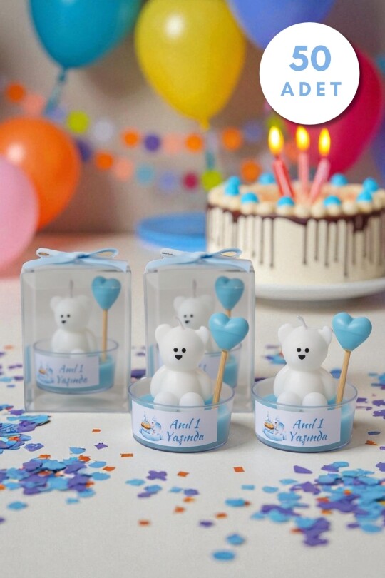 50 ADET BALONLU AYICIKLI HEDİYELİK MUM MAVİ 