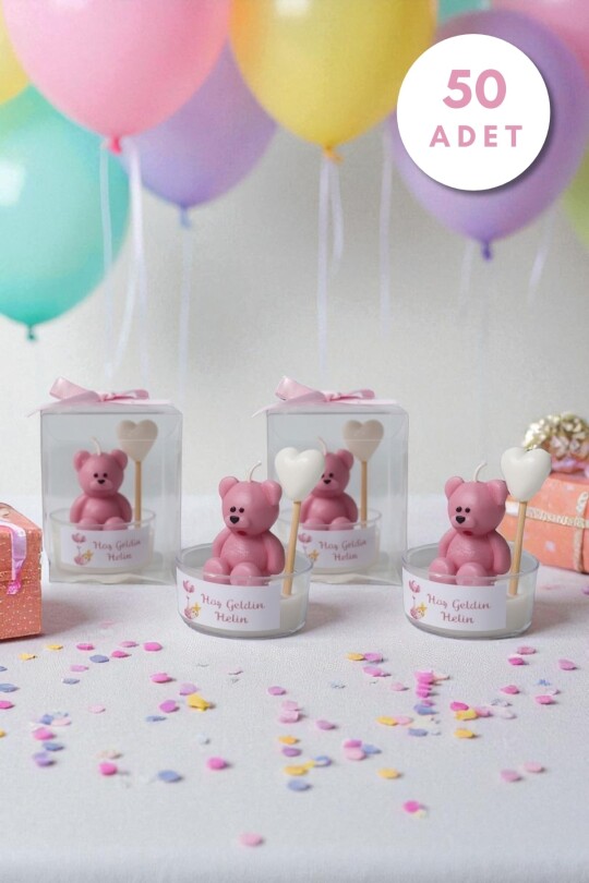 50 ADET BALONLU AYICIKLI HEDİYELİK MUM PEMBE 