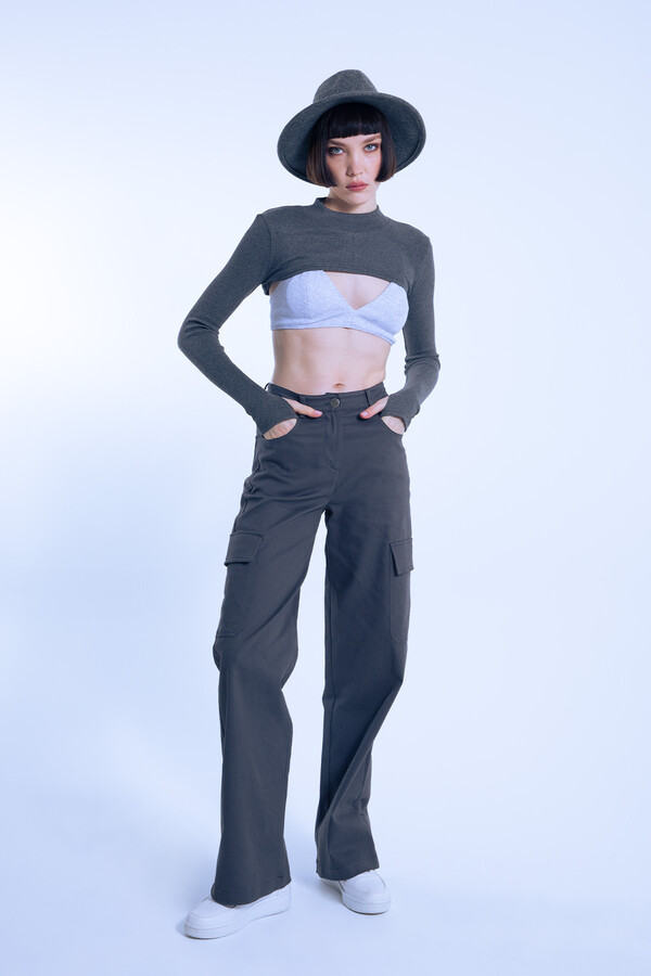 Anthracite Knit Short Crop Top with Thumbholes - 2