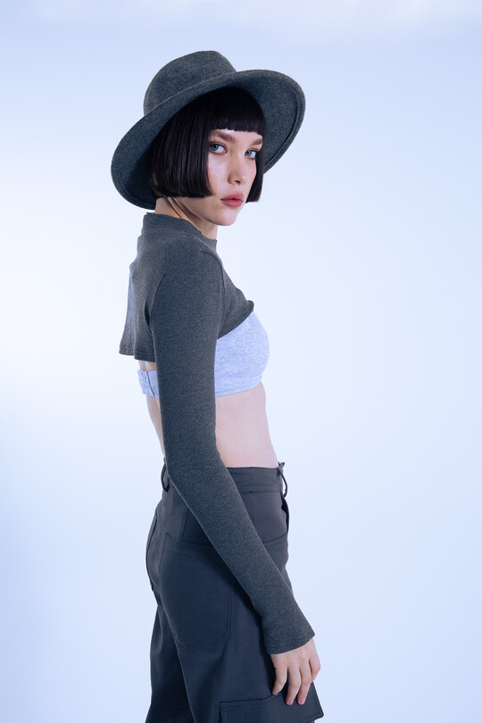 Anthracite Knit Short Crop Top with Thumbholes - 3