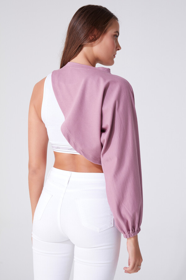 Asymmetrisch geschnittener Sweatshirt-Oberteil mit langen Ärmeln in Altrosa - 3