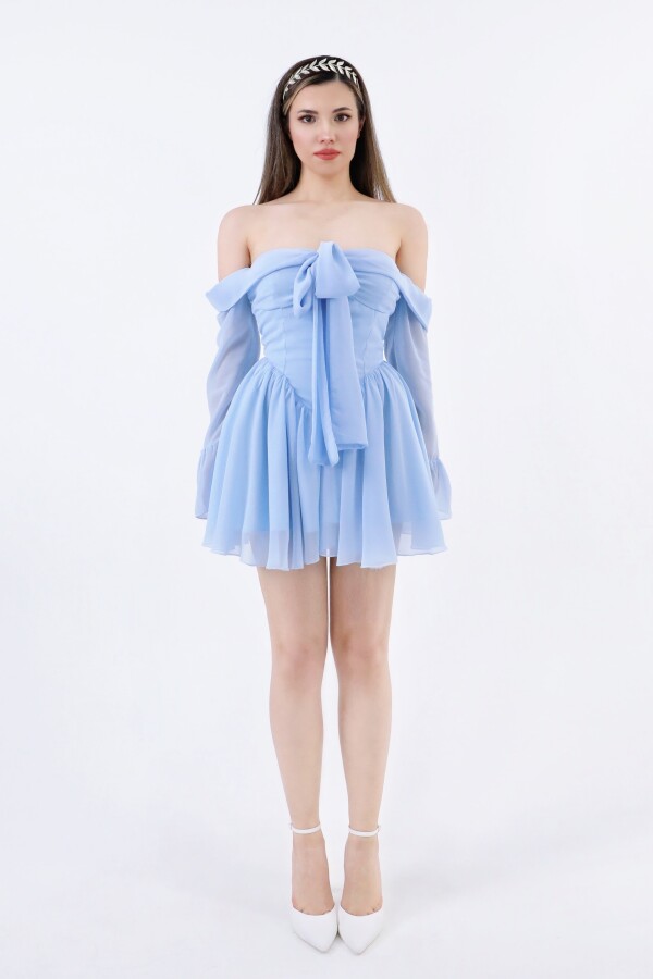 BABY BLUE FRONT-TIE LONG SLEEVE CHIFFON MINI DRESS - 3
