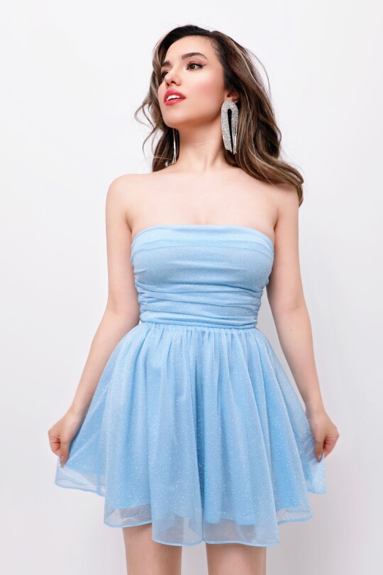 BABY BLUE STRAPLESS GLITTER MINI DRESS WITH WAIST TIE - 3