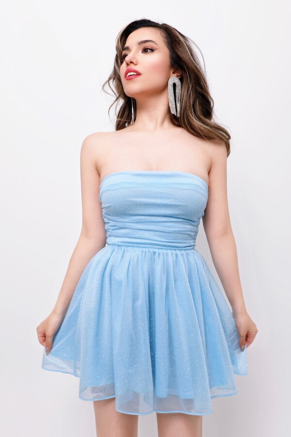 BABY BLUE STRAPLESS GLITTER MINI DRESS WITH WAIST TIE - 3