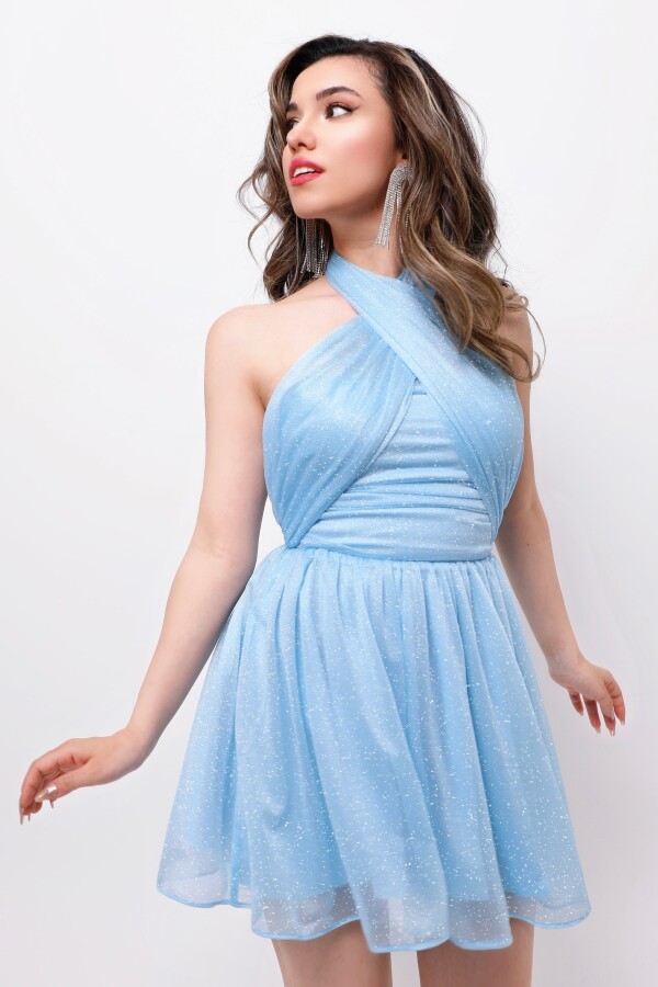 BABY BLUE STRAPLESS GLITTER MINI DRESS WITH WAIST TIE - 4