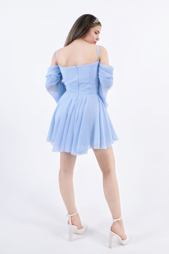 BABY BLUE STRAPPY LONG SLEEVE CHIFFON DRESS WITH RUFFLED HEM - 5