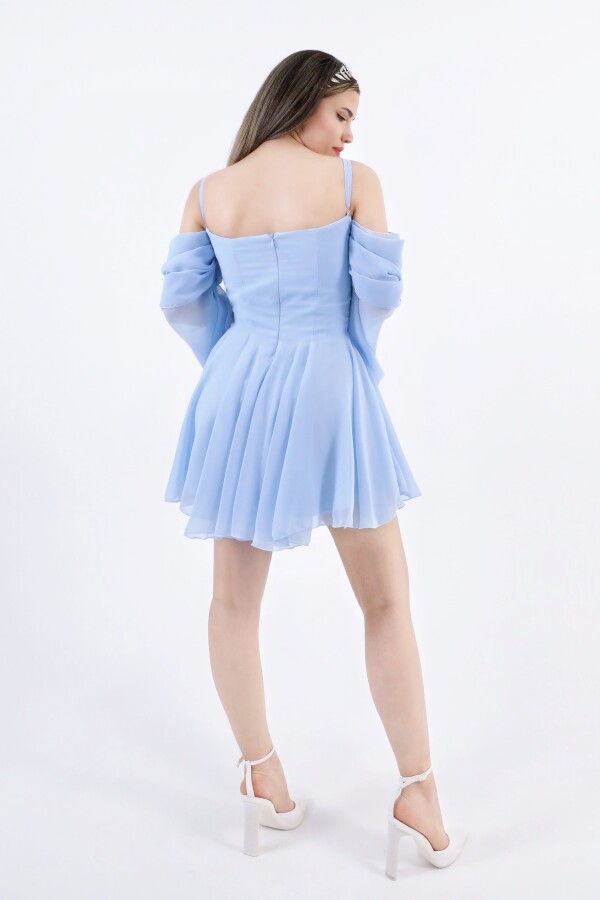 BABY BLUE STRAPPY LONG SLEEVE CHIFFON DRESS WITH RUFFLED HEM - 5