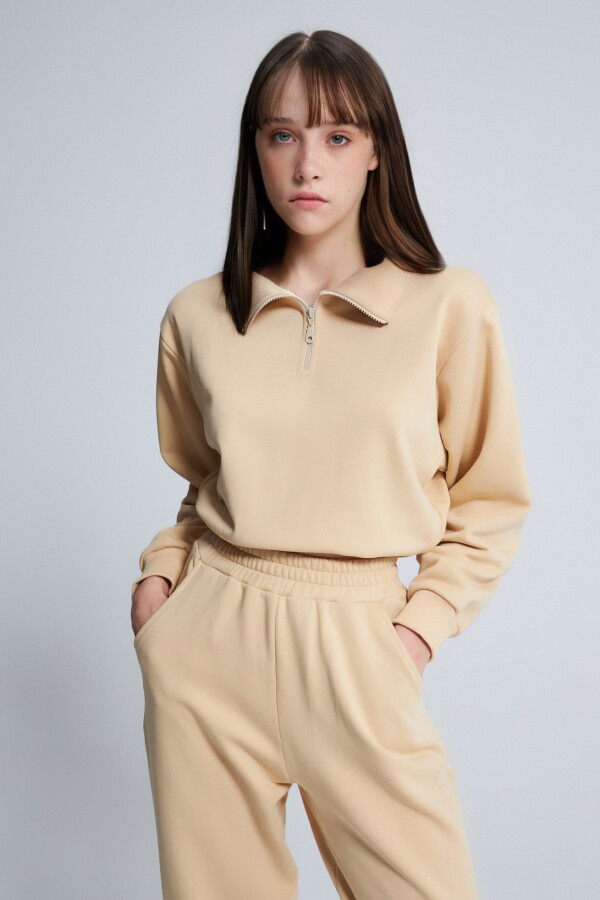 Beige Elastic Waist Short Zip-Up Sweatshirt - 2