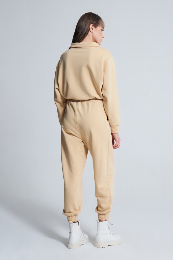 Beige Elastic Waist Short Zip-Up Sweatshirt - 3