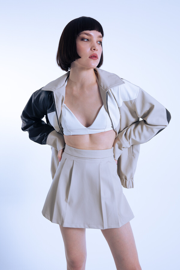 Beige Leather Pleated Front Low Waist Skort with Back Shorts - 2