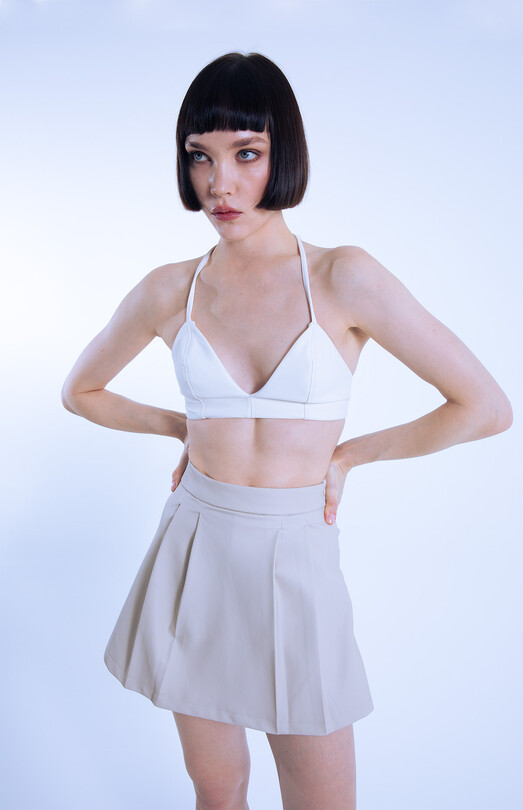 Beige Leather Pleated Front Low Waist Skort with Back Shorts - 3