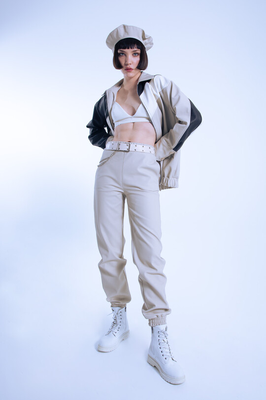 Beige Lederhose mit elastischem Bund und Knöcheln - BERFUĞ KIRAN