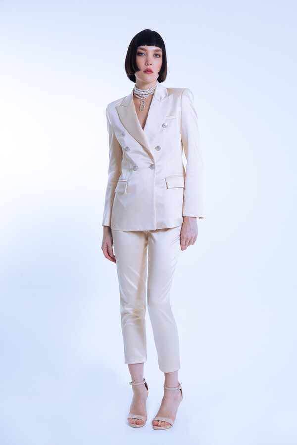 Beige Satin Wrap Blazer with Fitted Waist - 2