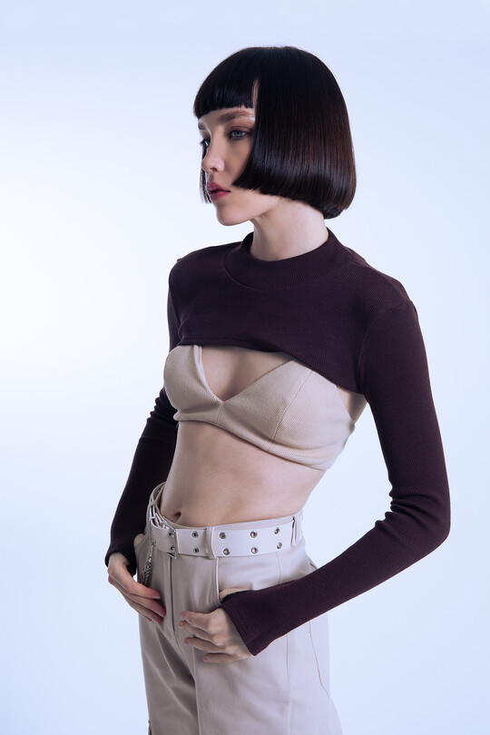Beige Short Triangle Ribbed Bustier 