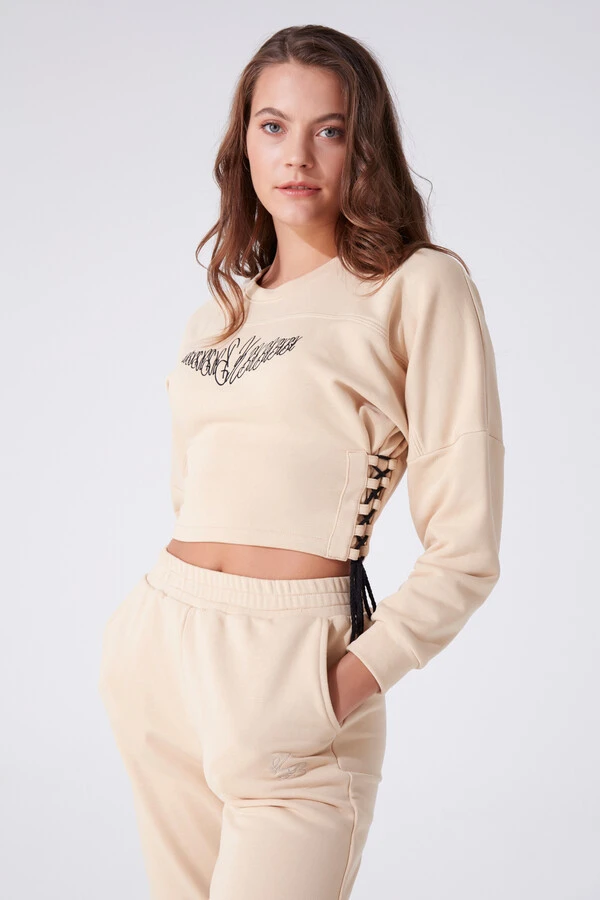 Beigefarbenes Sweatshirt mit Rundhalsausschnitt, langen Ärmeln und seitlicher Schleife - 2