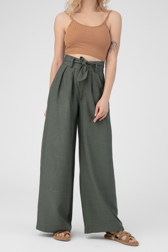 BELTED WAIST LINEN PANTS - 2