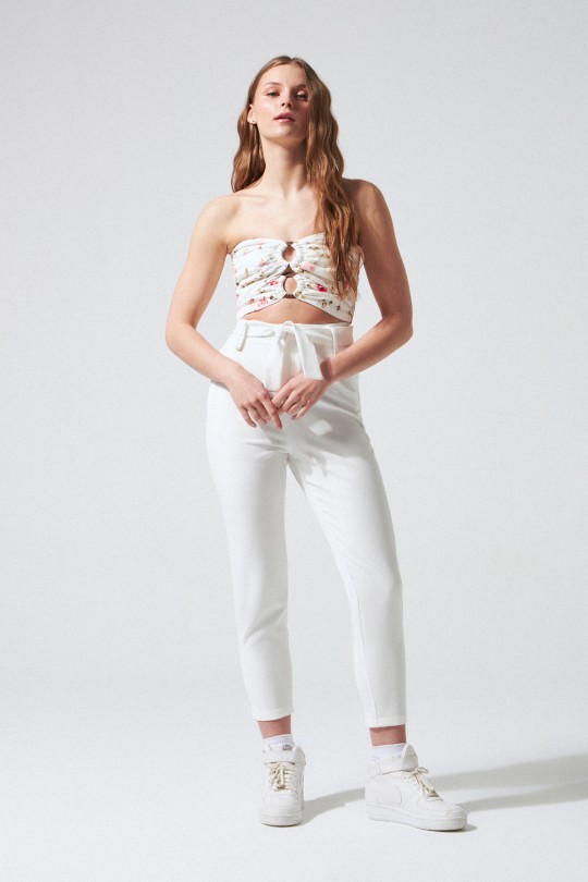 BELTED HIGH WAIST CARROT PANTS ECRU 