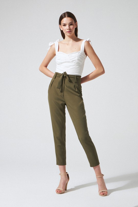 BELTED HIGH WAIST CARROT PANTS KHAKI - 1