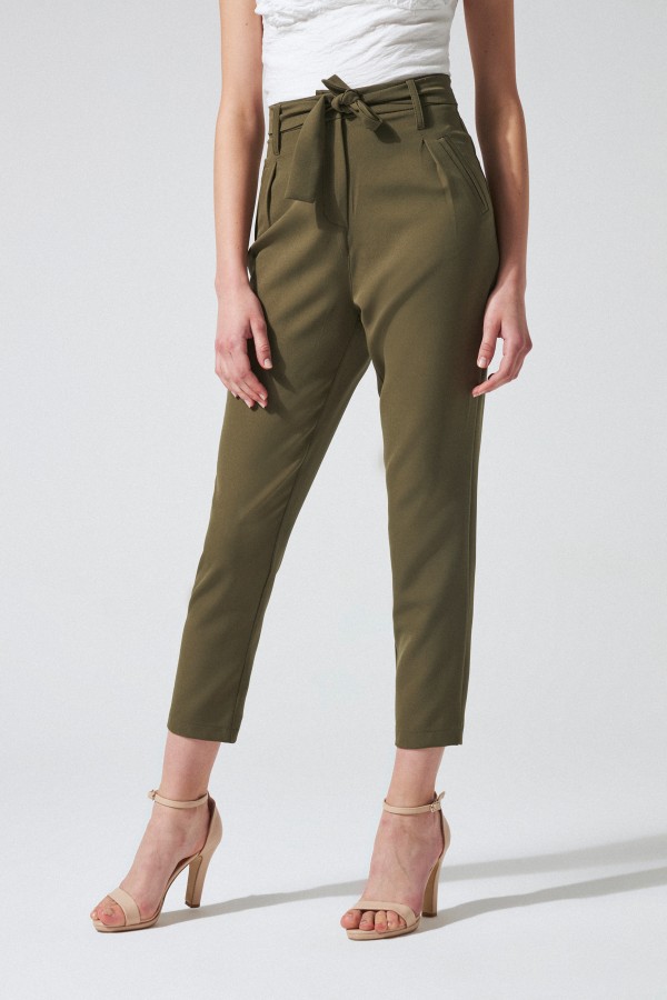 BELTED HIGH WAIST CARROT PANTS KHAKI - 2