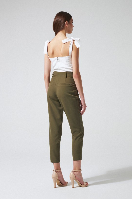 BELTED HIGH WAIST CARROT PANTS KHAKI - 3