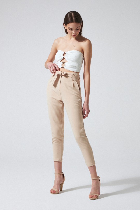 BELTED HIGH WAIST CARROT PANTS MINK - 1