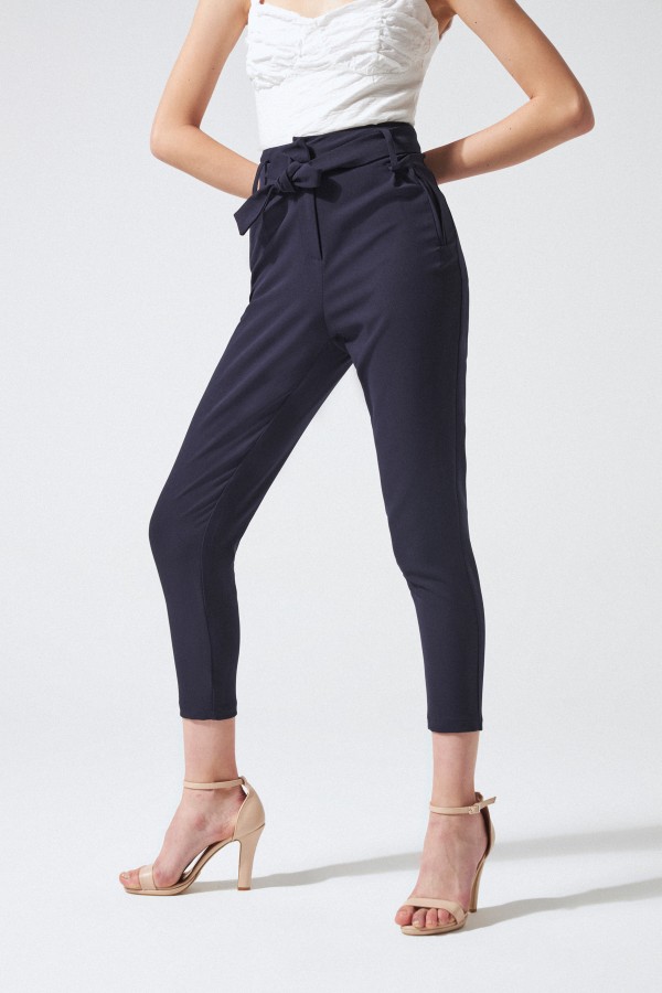 BELTED WAIST HIGH WAIST CARROT PANTS NAVY BLUE - 2