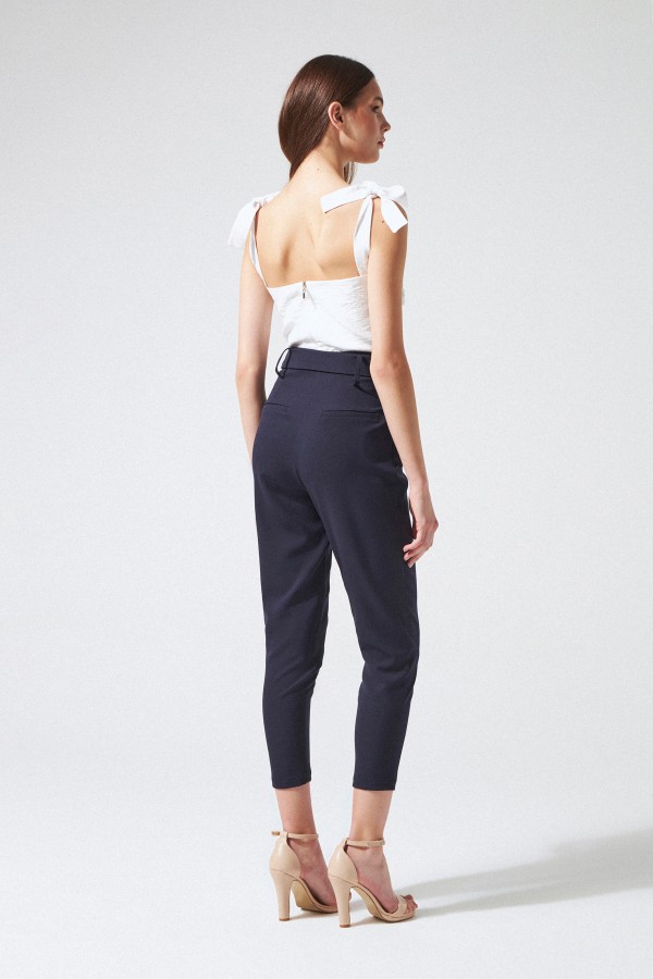 BELTED WAIST HIGH WAIST CARROT PANTS NAVY BLUE - 3