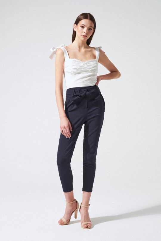 BELTED WAIST HIGH WAIST CARROT PANTS NAVY BLUE 