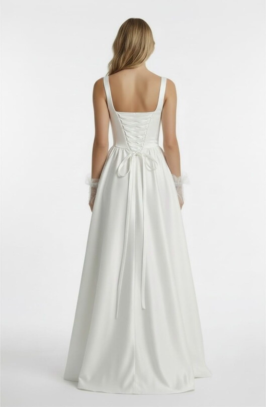 BEYAZ YIRTMAÇLI KARE YAKA SATEN UZUN ABİYE ELBİSE - 5