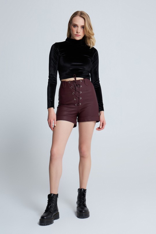 BIRD EYE LEATHER SHORTS claret red 