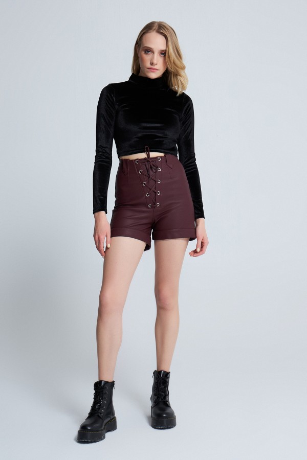 BIRD EYE LEATHER SHORTS claret red - 1