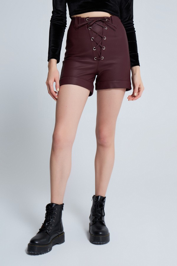 BIRD EYE LEATHER SHORTS claret red - 2