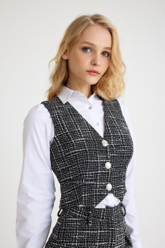 Black and white V-neck fitted tweed vest - 1