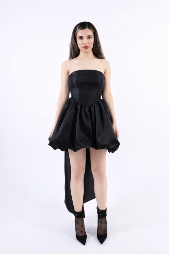 BLACK BACK-TIED STRAPLESS TAFFETA DRESS - 3