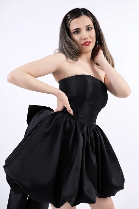 BLACK BACK-TIED STRAPLESS TAFFETA DRESS - 5