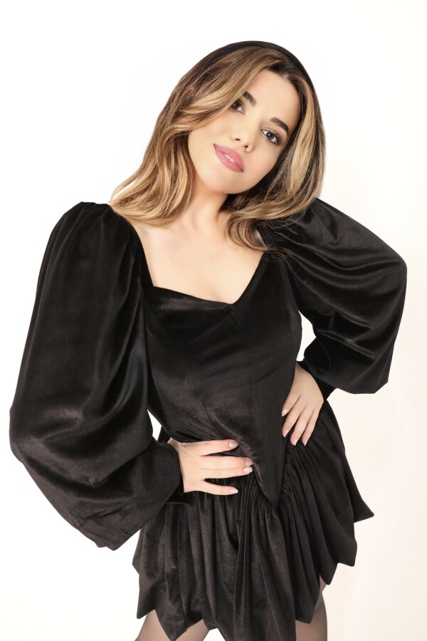 BLACK BALLOON-SLEEVED VELVET MINI DRESS - 4