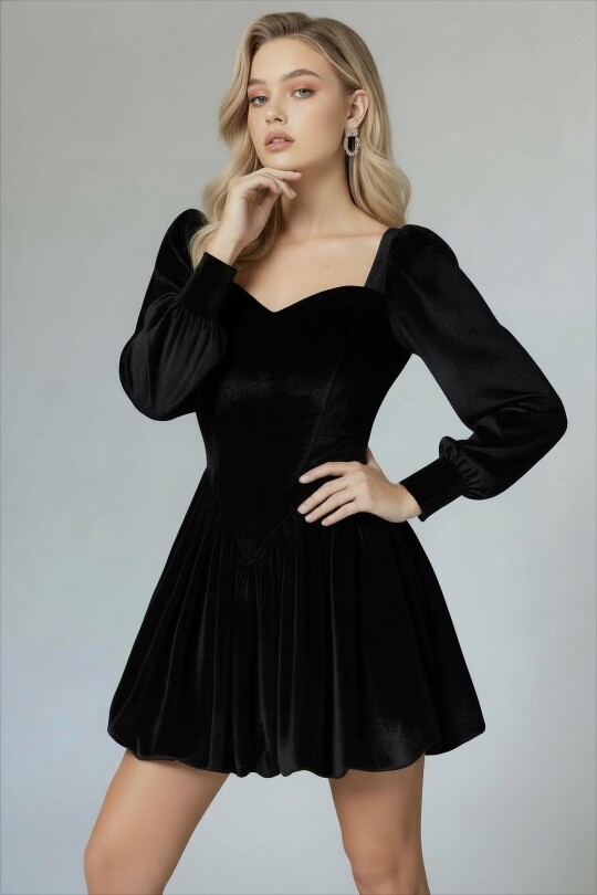BLACK BALLOON-SLEEVED VELVET MINI DRESS - 3
