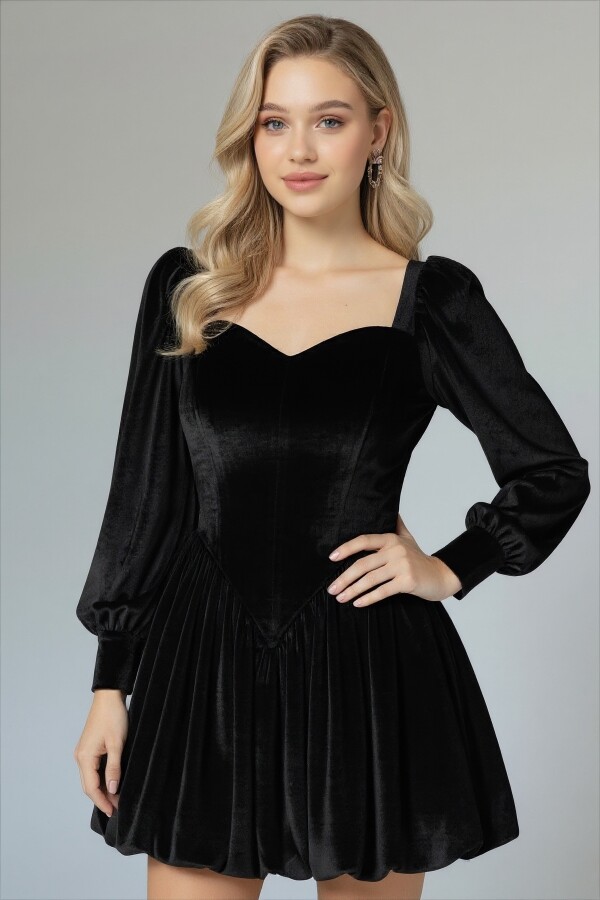 BLACK BALLOON-SLEEVED VELVET MINI DRESS - 1