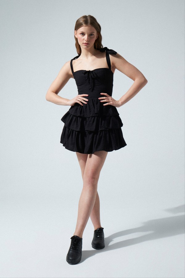 BLACK CHEST DETAIL HALTED DRESS - 1