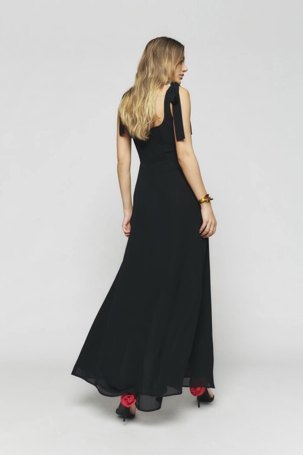 Black chiffon evening dress with tie-up straps and slit - 5