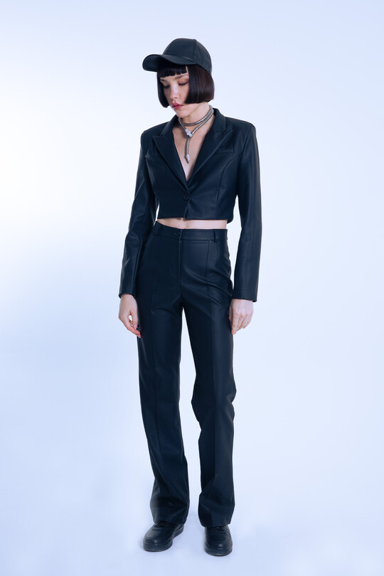 Black Classic Leather Pants with Front Stitching 