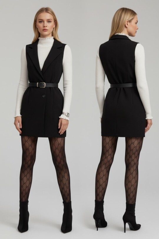 BLACK COLLAR ONE BUTTON MINI VEST DRESS - 3