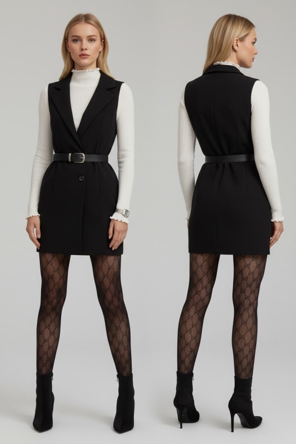 BLACK COLLAR ONE BUTTON MINI VEST DRESS - 3