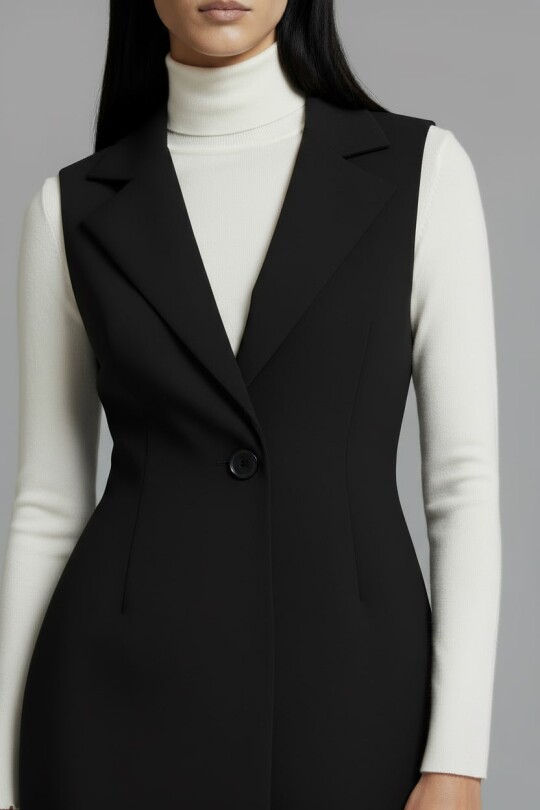 BLACK COLLAR ONE BUTTON MINI VEST DRESS - 5