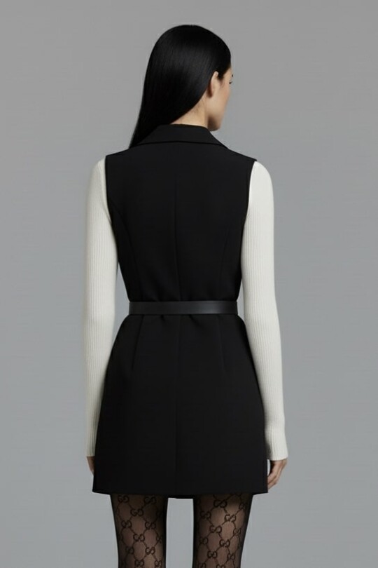BLACK COLLAR ONE BUTTON MINI VEST DRESS - 8