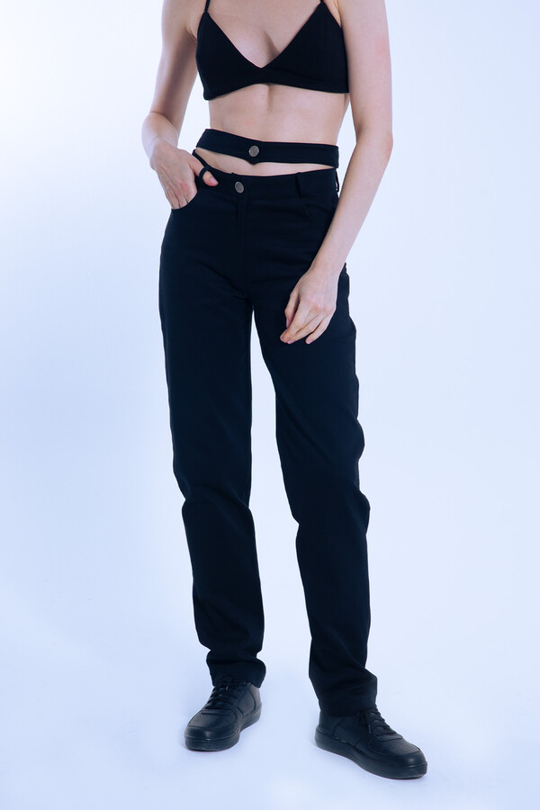 Black Double Belt Waist Detail Pants - 2