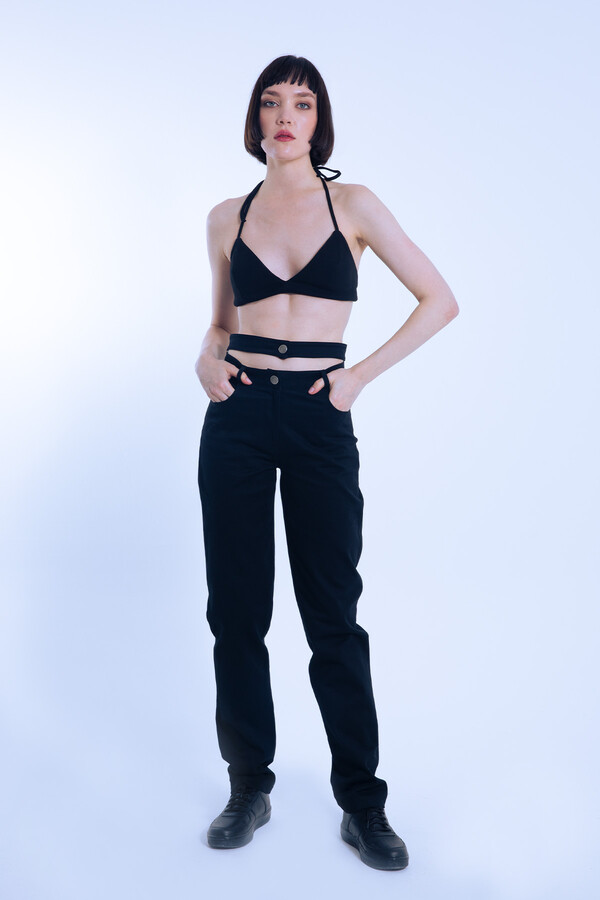 Black Double Belt Waist Detail Pants - 1