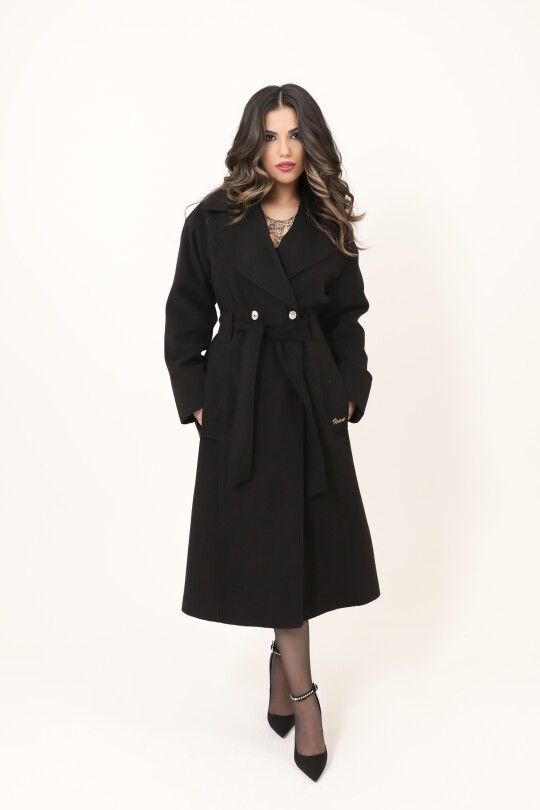 Black Double-Breasted Coat with Rhinestone Button Details - 1